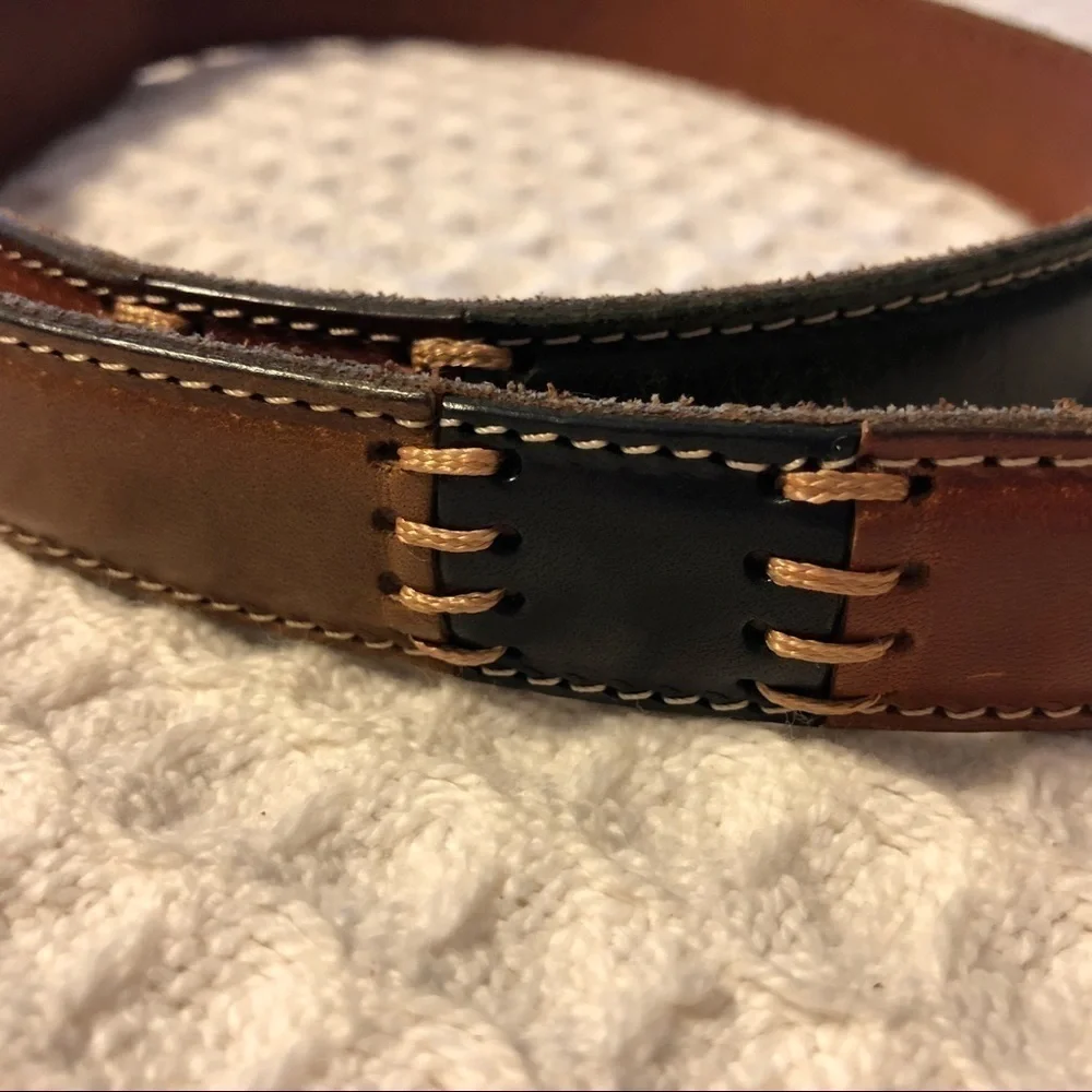 Fossil Leather Brown Black Colorblock 1” Belt Gold Buckle M Southwest